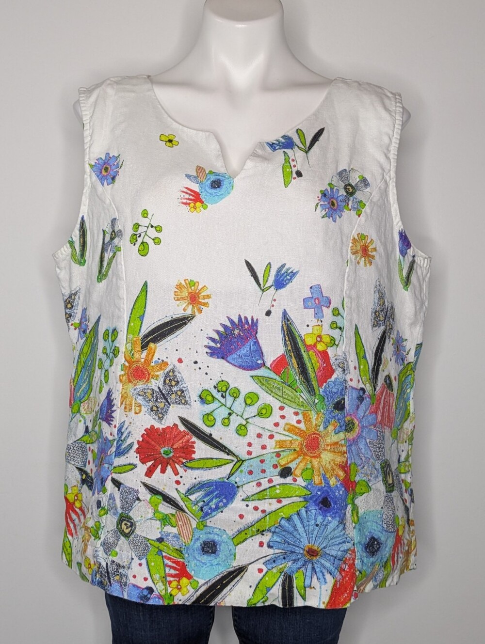 Dolcezza White Colorful Rainbow Floral Slit Neck Sleeveless Linen Tank Top XL